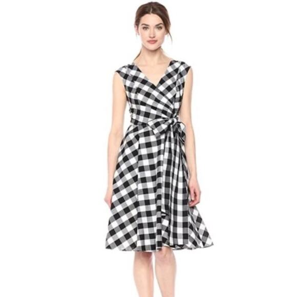 Calvin Klein Sleeveless Gingham black white checked midi fit flare Wrap Dress 10 - Picture 2 of 16